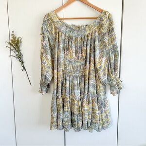 Free people See Ya There boho flowy open shoulder long sleeve graphic mini dress